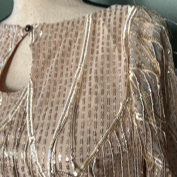 New women Sz S beige sequins embellished long sleeves party blouse top - Picture 5 of 9